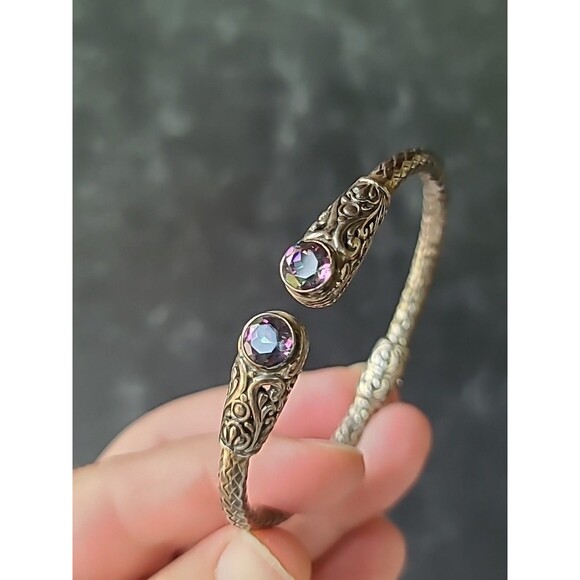 Sterling Silver 925 Mystic Topaz Hinged Bangle Bracelet Scroll Design Vintage